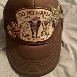Brown Trucker Hat with Star and Bow Patches